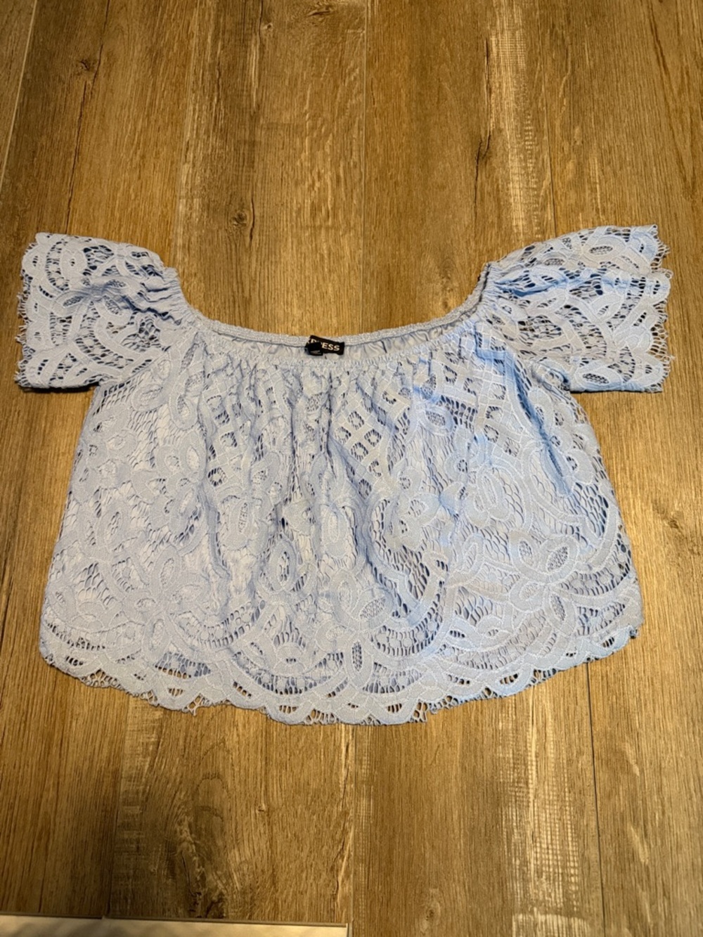 Express Blue Lace Off-Shoulder Crop Top